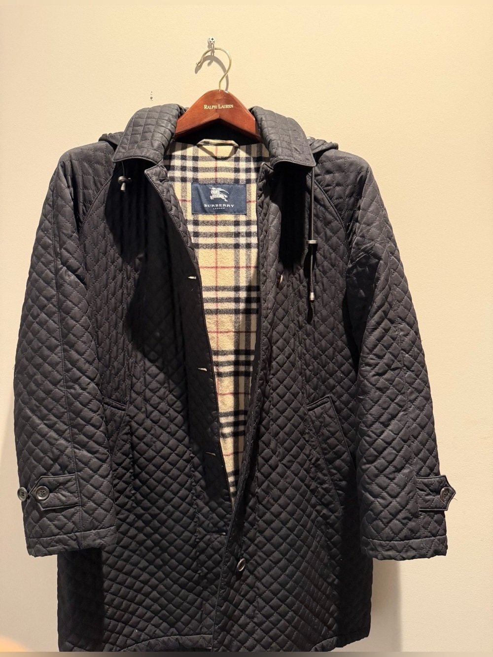 Burberry Quilted Hooded Coat with Plaid Lining - Black